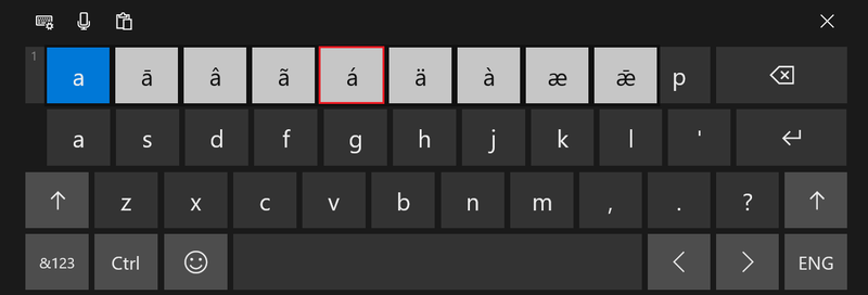 Klicken und halten Sie die Maus auf ein beliebiges Alphabet und alle akzentuierten Versionen werden angezeigt