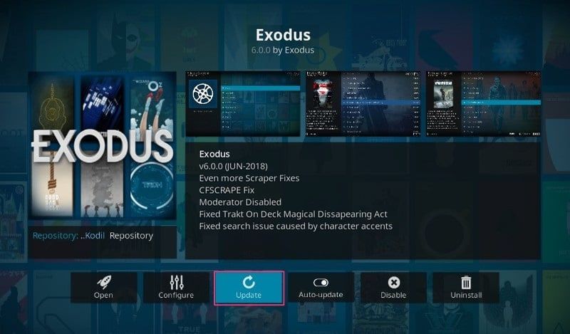 Klicken Sie auf der Informationsseite des Exodos-Add-Ons auf das Update-Symbol
