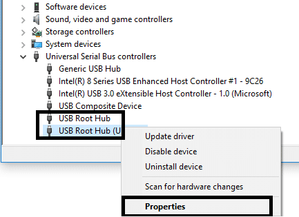 Klicken Sie mit der rechten Maustaste auf jeden USB-Root-Hub und navigieren Sie zu Eigenschaften