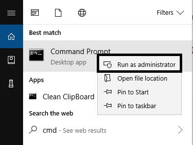 Geben Sie cmd in die Windows-Suche ein, klicken Sie dann mit der rechten Maustaste und wählen Sie Als Administrator ausführen