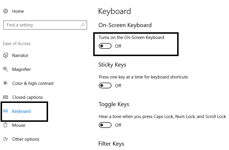 Navigieren Sie zum Abschnitt Tastatur und schalten Sie die Umschaltung der Bildschirmtastatur aus