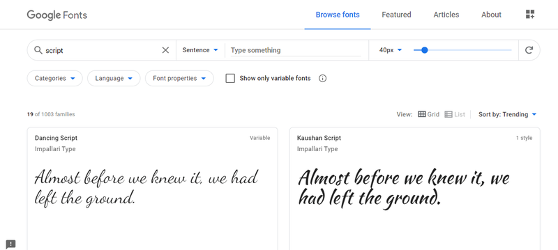 Das Google Fonts-Repository wird angezeigt, und Sie können jede Schriftart herunterladen