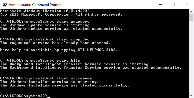 Starten Sie die Windows-Aktualisierungsdienste wuauserv cryptSvc bits msiserver | Hohe CPU-Auslastung durch svchost.exe (netsvcs) beheben