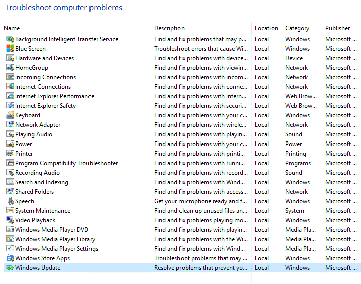 Wählen Sie Windows Update aus der Fehlerbehebung bei Computerproblemen