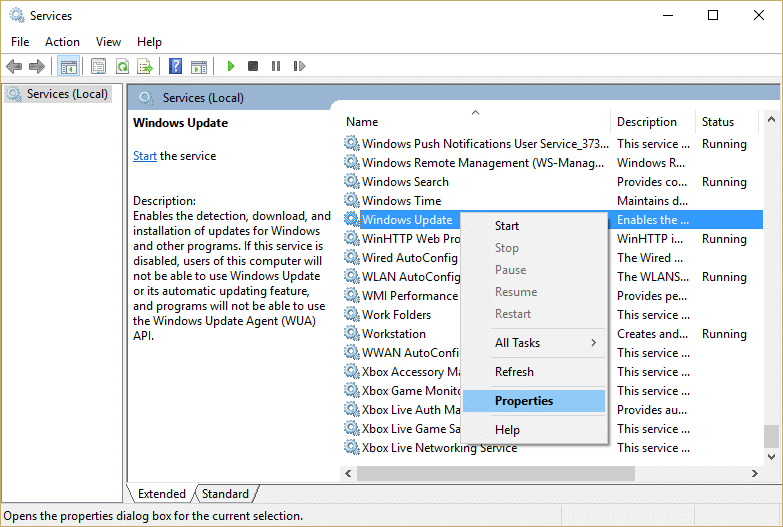 Klicken Sie mit der rechten Maustaste auf den Windows Update-Dienst und wählen Sie Eigenschaften im Dienstfenster