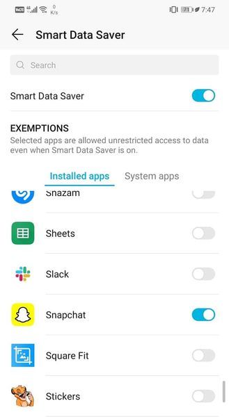 Wählen Sie Snapchat aus, das unter Installierte Apps aufgelistet wird