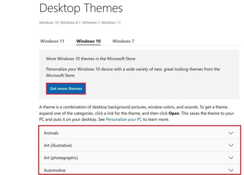 Klicken Sie auf das Dropdown-Menü Ihrer Wahl, um Desktopdesigns für Windows 10 herunterzuladen.