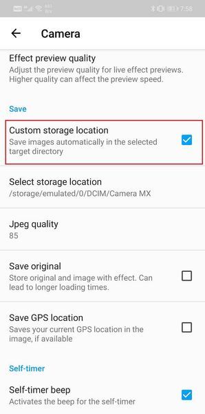Tippen Sie auf das Kontrollkästchen neben der Option Benutzerdefinierter Speicherort | Speichern Sie Fotos auf einer SD-Karte auf einem Android-Telefon