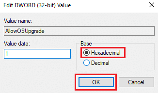 Wählen Sie Hexadezimal unter Basis und klicken Sie auf OK. So beheben Sie den Fehler 0x80070002 Windows 10